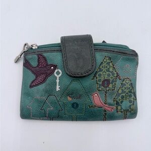 VTG Fossil Women's Turquoise Kelly Icon Keyper Wallet - Birds & Birdhouses